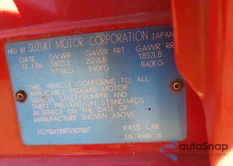 2007 Suzuki Sx4 Convenience/Rally z USA, uszkodzony, nr VIN JS2YB413875107507